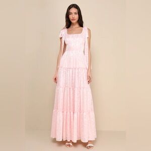 Picturesque Allure Blush Pink Jacquard Tie-Strap Maxi Dress